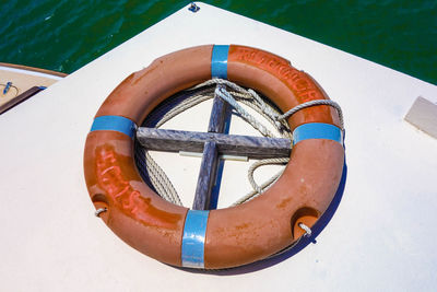 High angle view of life belt on boat