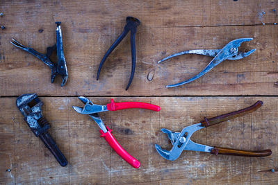 Directly above shot of wire cutter on wooden table