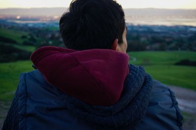 Rear view of a man overlooking landscape