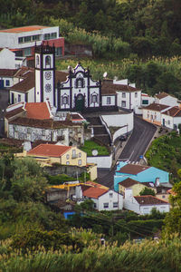 High angle view of buildings in town