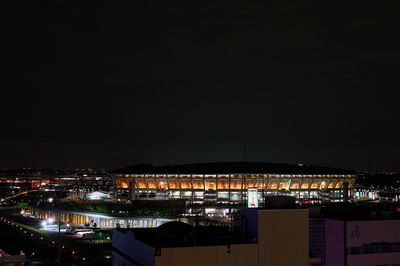 High angle view of illuminated buildings at night