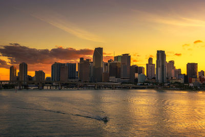 Modern buildings in city against sky during sunset