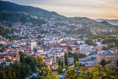 High angle shot of townscape against sky