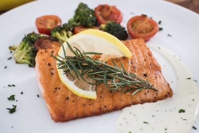 High angle view of fish on plate