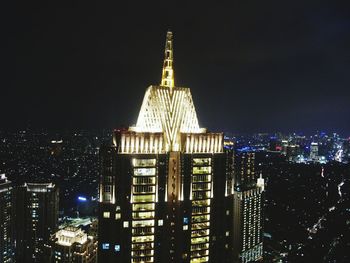 View of city lit up at night