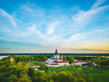 High angle view of buildings against sky