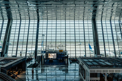 Full frame shot of building seen through glass window