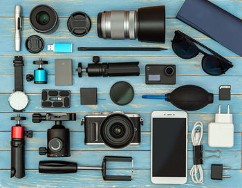 High angle view of camera on table