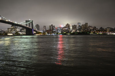 Illuminated bridge over river by buildings against sky at night