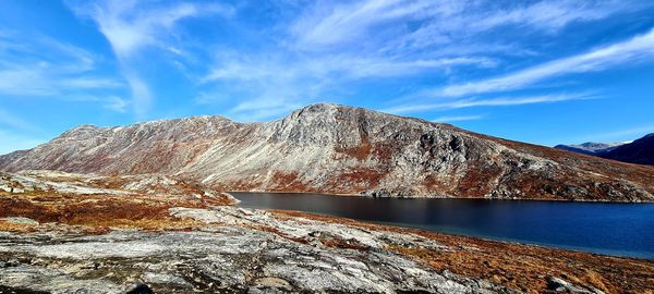 Scenic view of lake and mountains against blue sky