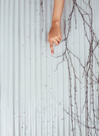 Cropped hand of woman pointing by corrugated iron