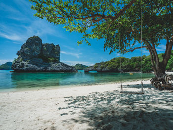 Beach swing at white sand beach island with rock formation. mu koh ang thong, near samui, thailand.