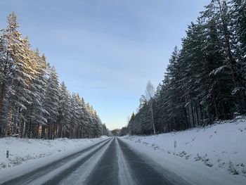 Road amidst snow covered trees against sky