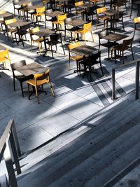 Empty chairs and table in restaurant