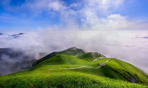 Scenic view of green mountain against sky during foggy weather