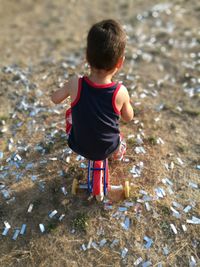 Rear view of boy playing in water