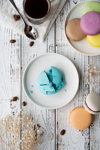 High angle view of cake in plate on table