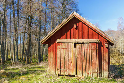 Log cabin on field against sky