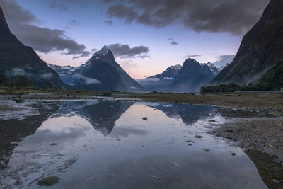 Scenic view of lake and mountains against sky