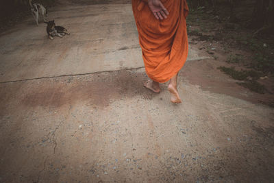 Low section of men walking on street