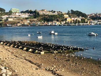 High angle view of river by buildings in town