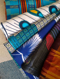 High angle view of multi colored textiles on table