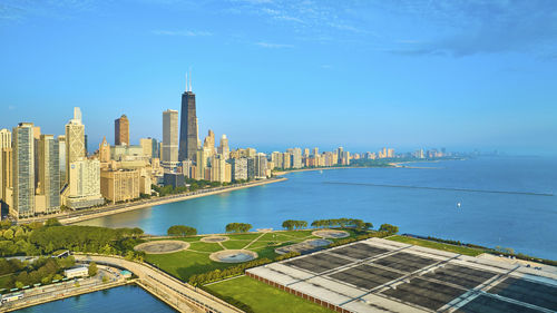 High angle view of city at waterfront