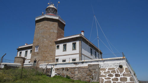 Low angle view of old lighthouse against clear blue sky