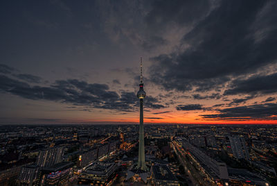 High angle view of city buildings during sunset