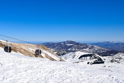 Scenic view of snowcapped mountains against clear blue sky