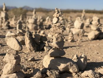 Close-up of stone stack on rock