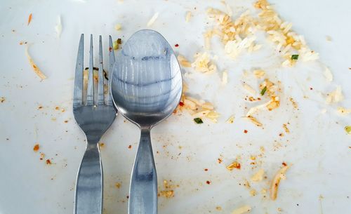 Close-up of silverware on leftovers