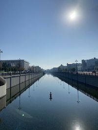 Bridge over river in city against clear blue sky