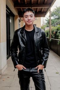 Portrait of young man standing on footpath
