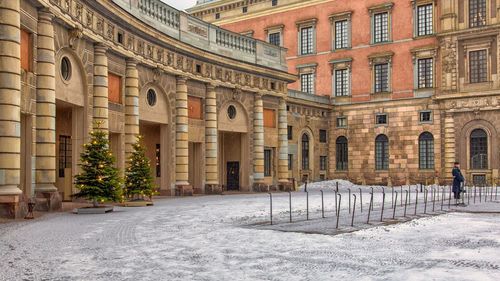 Buildings in city during winter