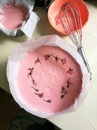 High angle view of cake in plate on table