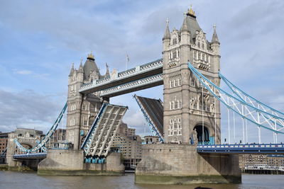 View of bridge over river against cloudy sky