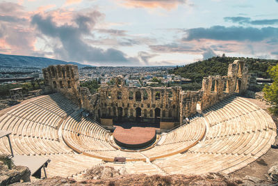 High angle view of ancient amphiteatre in athens against sky