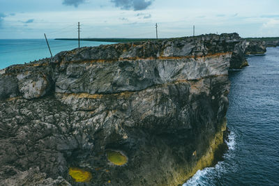 Rock formations by sea against sky