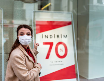 Portrait of woman with text