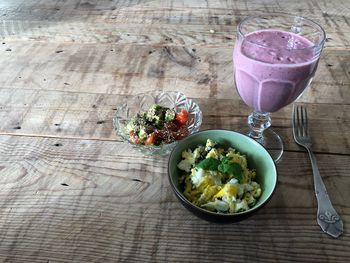 High angle view of breakfast on table