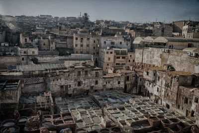 High angle view of old buildings in city