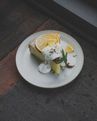 High angle view of food in plate on table