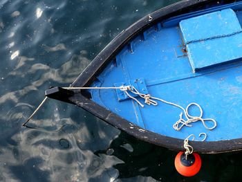 High angle view of fishing boat moored in lake