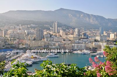 Sailboats in city by sea against sky