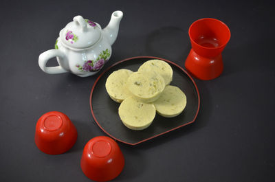 High angle view of breakfast on table