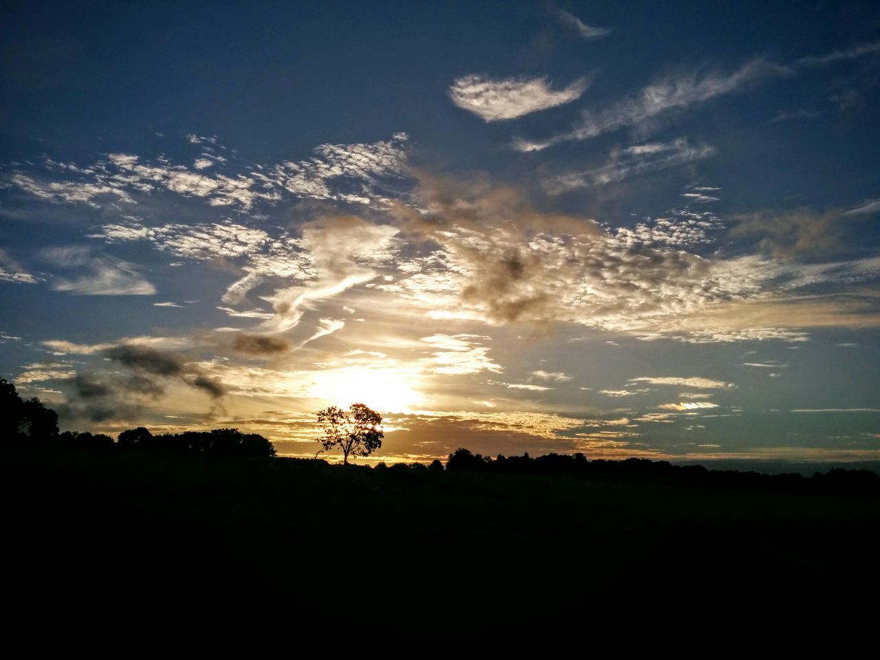 silhouette, sunset, tranquil scene, scenics, tranquility, sky, beauty in nature, landscape, nature, cloud - sky, tree, idyllic, cloud, dark, field, non-urban scene, sunlight, outdoors, no people, non urban scene