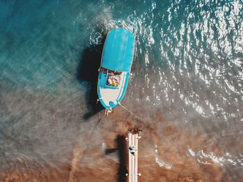 High angle view of boat moored on sea