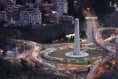 High angle view of illuminated buildings in city at night- tbilisi , georgia
