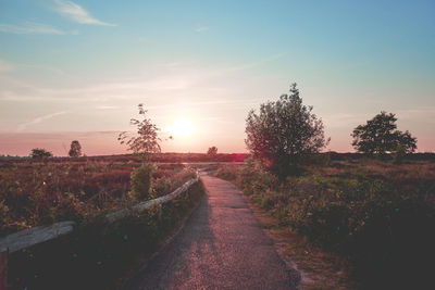 Footpath amidst field against sky during sunset